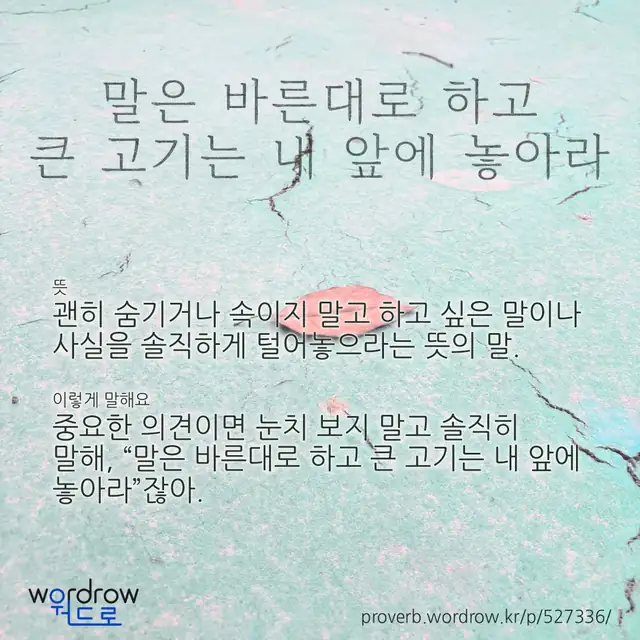 “말은 바른대로 하고 큰 고기는 내 앞에 놓아라” 글씨와 뜻·예문이 완성된 속담 영상 포스터
