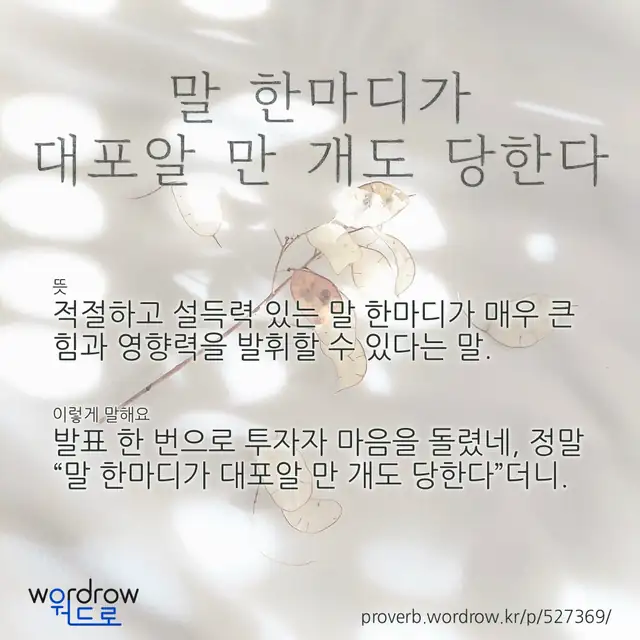 “말 한마디가 대포알 만 개도 당한다” 글씨와 뜻·예문이 완성된 속담 영상 포스터