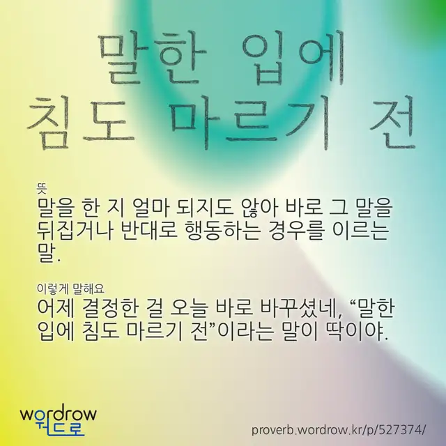 “말한 입에 침도 마르기 전” 글씨와 뜻·예문이 완성된 속담 영상 포스터