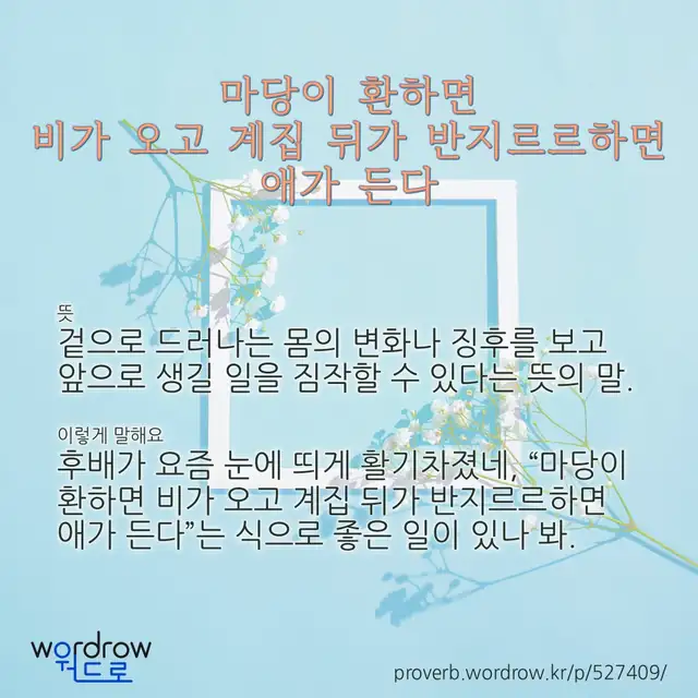 “마당이 환하면 비가 오고 계집 뒤가 반지르르하면 애가 든다” 글씨와 뜻·예문이 완성된 속담 영상 포스터