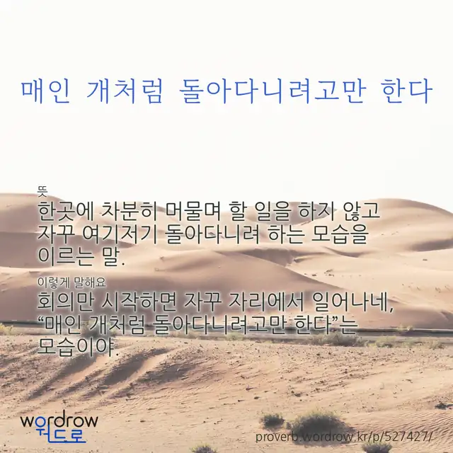 “매인 개처럼 돌아다니려고만 한다” 글씨와 뜻·예문이 완성된 속담 영상 포스터
