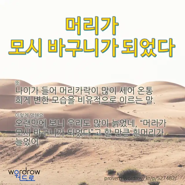 “머리가 모시 바구니가 되었다” 글씨와 뜻·예문이 완성된 속담 영상 포스터
