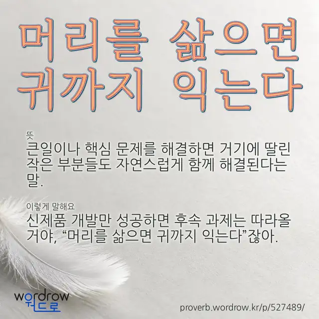 “머리를 삶으면 귀까지 익는다” 글씨와 뜻·예문이 완성된 속담 영상 포스터