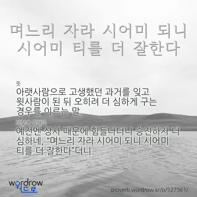 “며느리 자라 시어미 되니 시어미 티를 더 잘한다” 글씨와 뜻·예문이 완성된 속담 영상 포스터