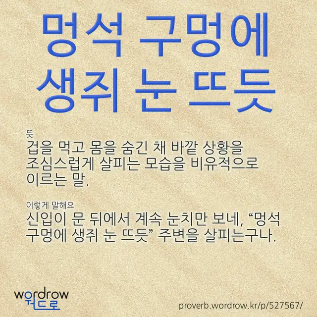 “멍석 구멍에 생쥐 눈 뜨듯” 글씨와 뜻·예문이 완성된 속담 영상 포스터