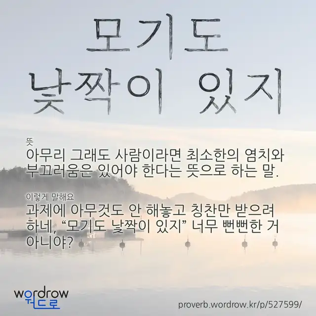 “모기도 낯짝이 있지” 글씨와 뜻·예문이 완성된 속담 영상 포스터