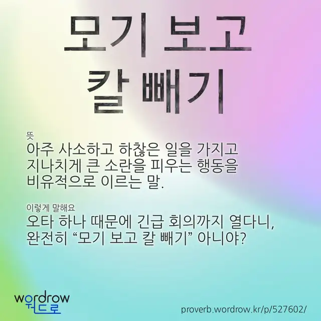 “모기 보고 칼 빼기” 글씨와 뜻·예문이 완성된 속담 영상 포스터
