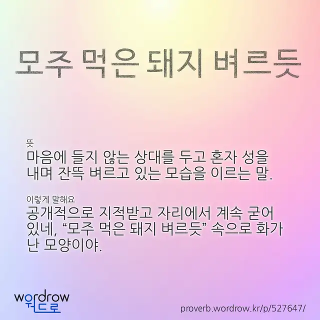 “모주 먹은 돼지 벼르듯” 글씨와 뜻·예문이 완성된 속담 영상 포스터