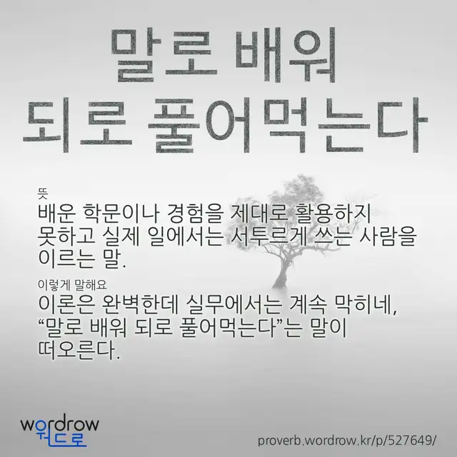 “말로 배워 되로 풀어먹는다” 글씨와 뜻·예문이 완성된 속담 영상 포스터