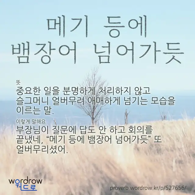 “메기 등에 뱀장어 넘어가듯” 글씨와 뜻·예문이 완성된 속담 영상 포스터