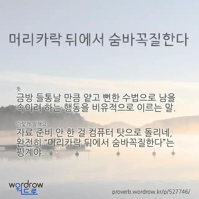 “머리카락 뒤에서 숨바꼭질한다” 글씨와 뜻·예문이 완성된 속담 영상 포스터