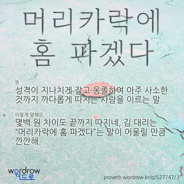 “머리카락에 홈 파겠다” 글씨와 뜻·예문이 완성된 속담 영상 포스터