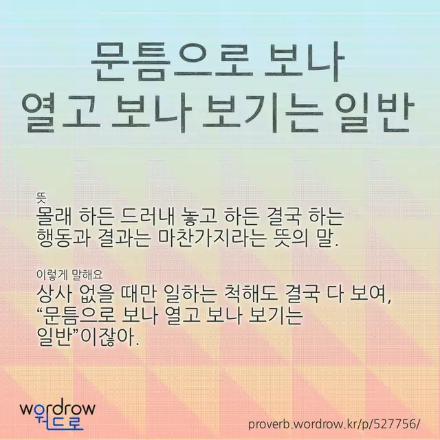 “문틈으로 보나 열고 보나 보기는 일반” 글씨와 뜻·예문이 완성된 속담 영상 포스터