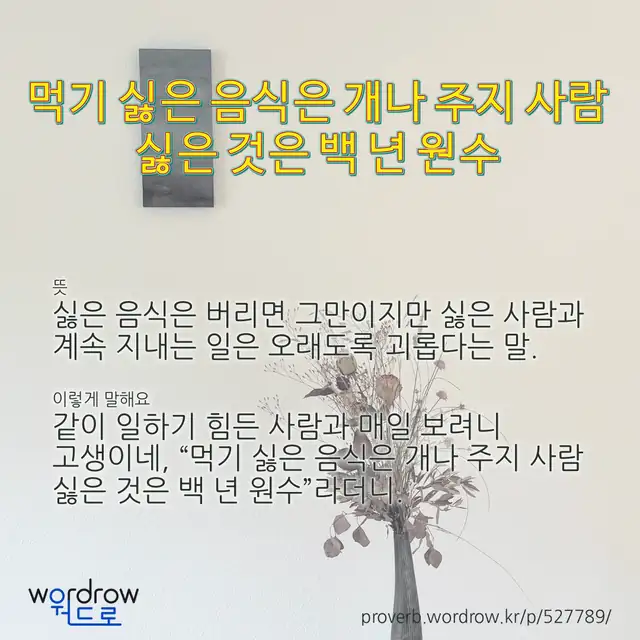 “먹기 싫은 음식은 개나 주지 사람 싫은 것은 백 년 원수” 글씨와 뜻·예문이 완성된 속담 영상 포스터