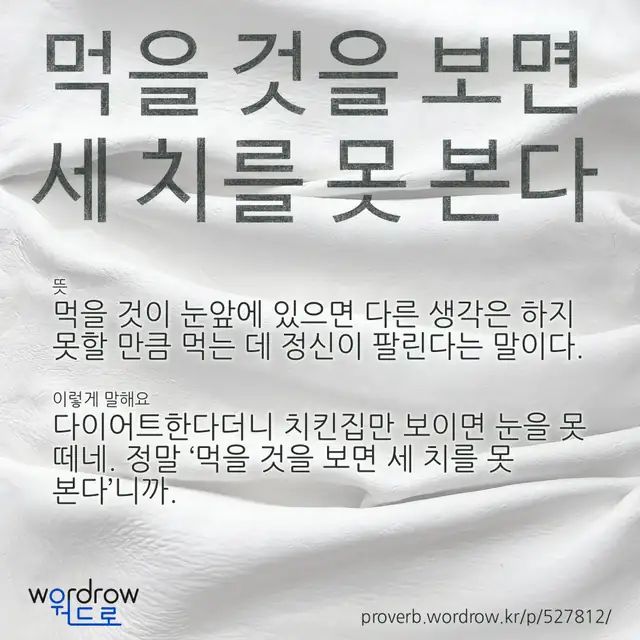 “먹을 것을 보면 세 치를 못 본다” 글씨와 뜻·예문이 완성된 속담 영상 포스터