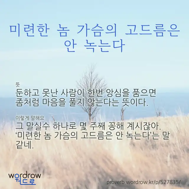 “미련한 놈 가슴의 고드름은 안 녹는다” 글씨와 뜻·예문이 완성된 속담 영상 포스터