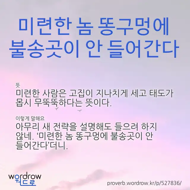 “미련한 놈 똥구멍에 불송곳이 안 들어간다” 글씨와 뜻·예문이 완성된 속담 영상 포스터