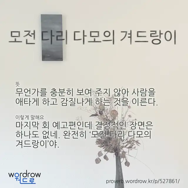 “모전 다리 다모의 겨드랑이” 글씨와 뜻·예문이 완성된 속담 영상 포스터
