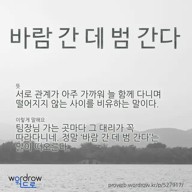 “바람 간 데 범 간다” 글씨와 뜻·예문이 완성된 속담 영상 포스터