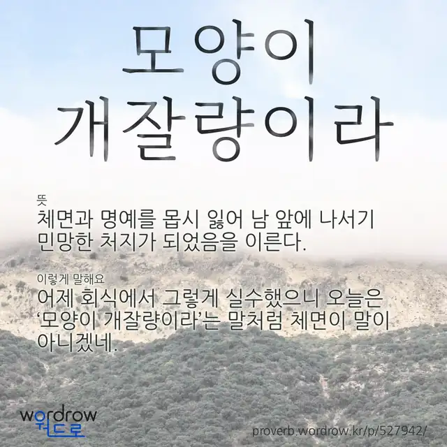 “모양이 개잘량이라” 글씨와 뜻·예문이 완성된 속담 영상 포스터