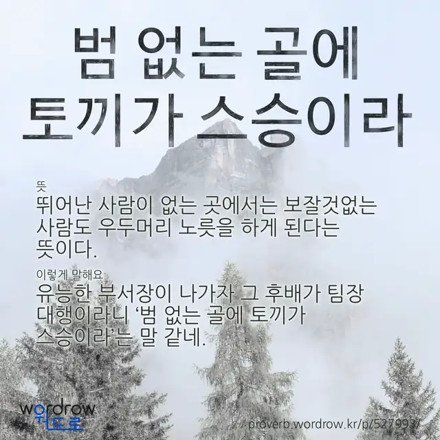 “범 없는 골에 토끼가 스승이라” 글씨와 뜻·예문이 완성된 속담 영상 포스터