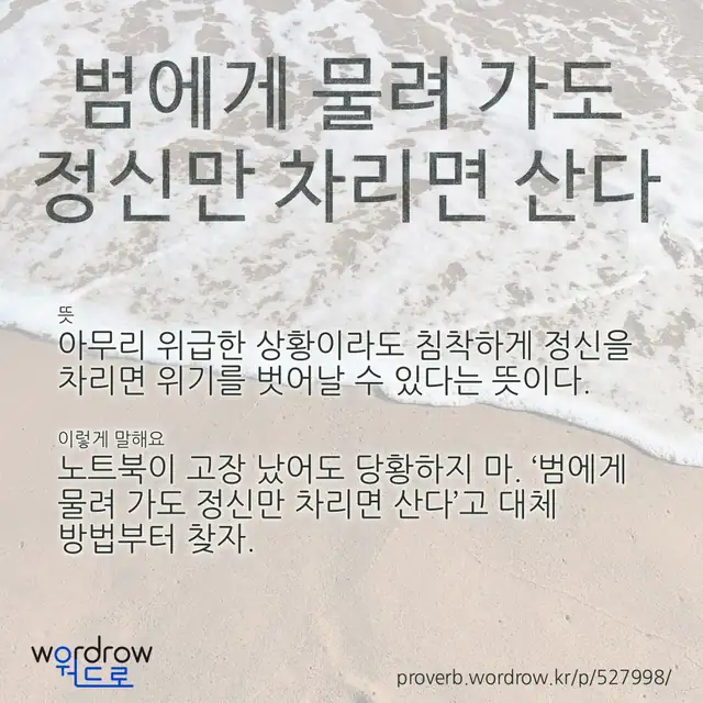 “범에게 물려 가도 정신만 차리면 산다” 글씨와 뜻·예문이 완성된 속담 영상 포스터