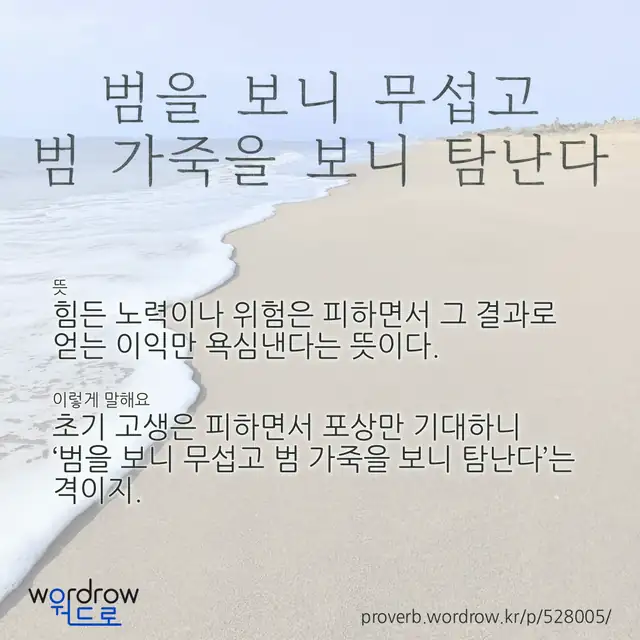 “범을 보니 무섭고 범 가죽을 보니 탐난다” 글씨와 뜻·예문이 완성된 속담 영상 포스터