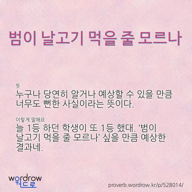 “범이 날고기 먹을 줄 모르나” 글씨와 뜻·예문이 완성된 속담 영상 포스터