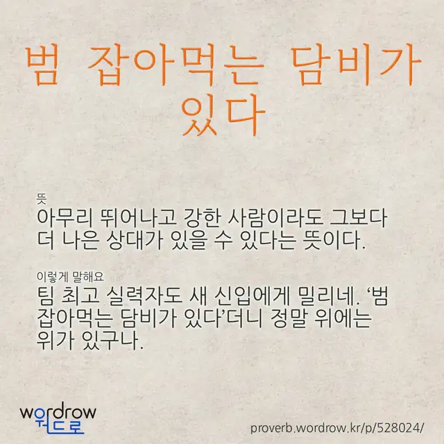“범 잡아먹는 담비가 있다” 글씨와 뜻·예문이 완성된 속담 영상 포스터
