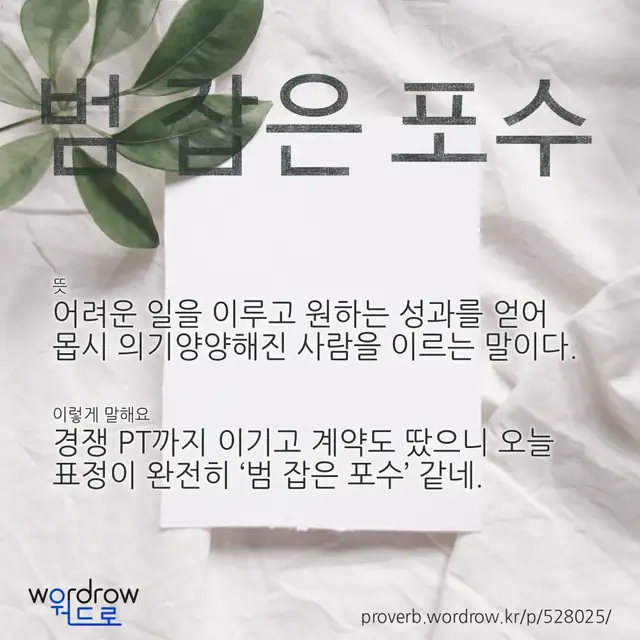 “범 잡은 포수” 글씨와 뜻·예문이 완성된 속담 영상 포스터