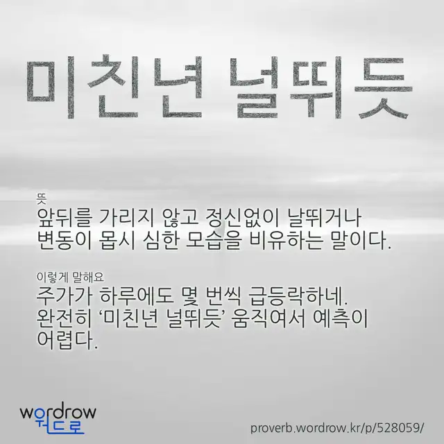 “미친년 널뛰듯” 글씨와 뜻·예문이 완성된 속담 영상 포스터