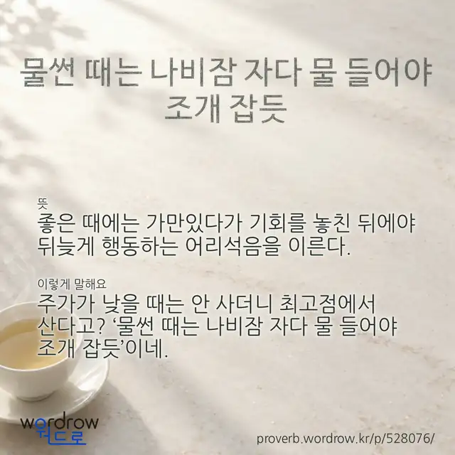“물썬 때는 나비잠 자다 물 들어야 조개 잡듯” 글씨와 뜻·예문이 완성된 속담 영상 포스터