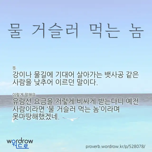“물 거슬러 먹는 놈” 글씨와 뜻·예문이 완성된 속담 영상 포스터