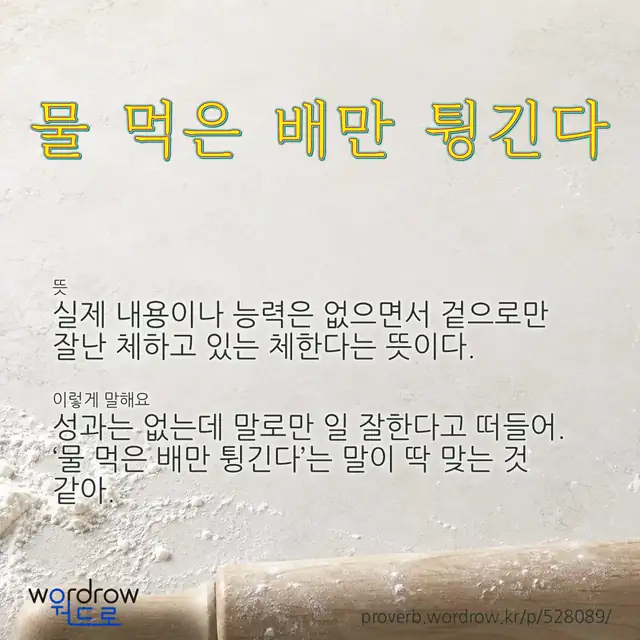 “물 먹은 배만 튕긴다” 글씨와 뜻·예문이 완성된 속담 영상 포스터