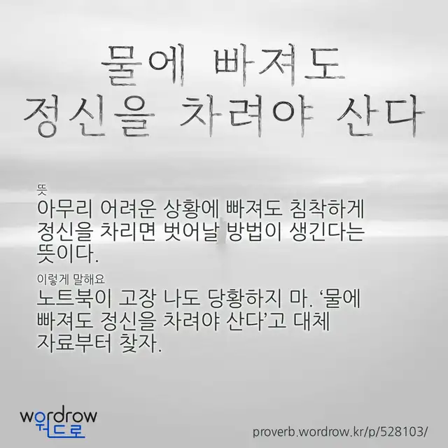 “물에 빠져도 정신을 차려야 산다” 글씨와 뜻·예문이 완성된 속담 영상 포스터