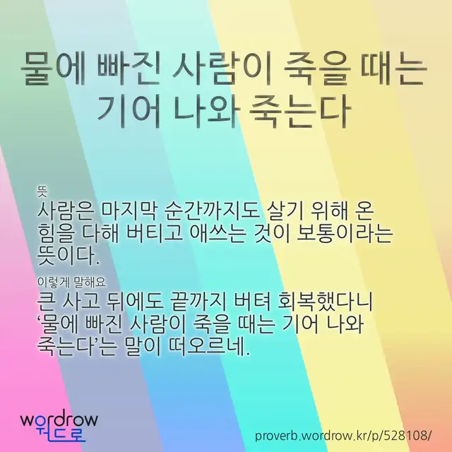 “물에 빠진 사람이 죽을 때는 기어 나와 죽는다” 글씨와 뜻·예문이 완성된 속담 영상 포스터