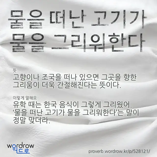 “물을 떠난 고기가 물을 그리워한다” 글씨와 뜻·예문이 완성된 속담 영상 포스터