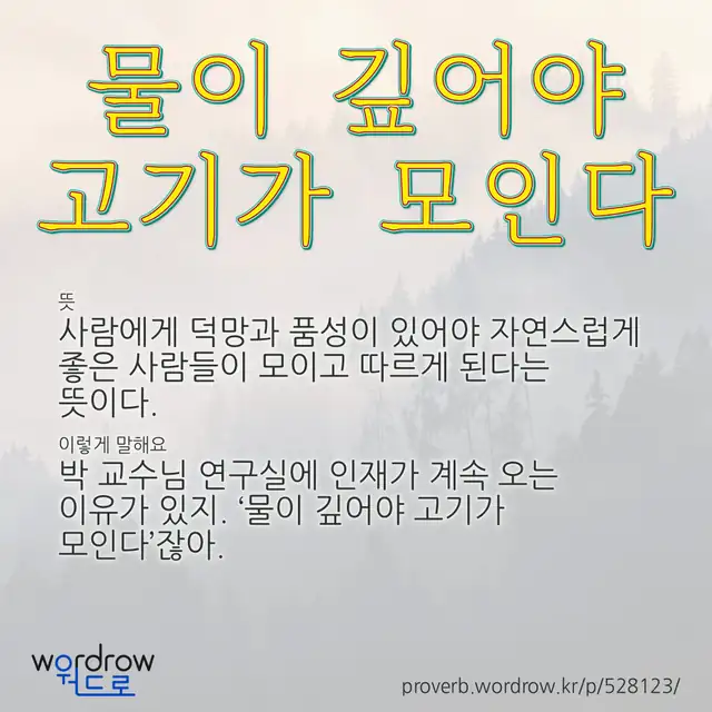 “물이 깊어야 고기가 모인다” 글씨와 뜻·예문이 완성된 속담 영상 포스터