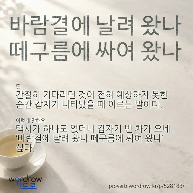 “바람결에 날려 왔나 떼구름에 싸여 왔나” 글씨와 뜻·예문이 완성된 속담 영상 포스터