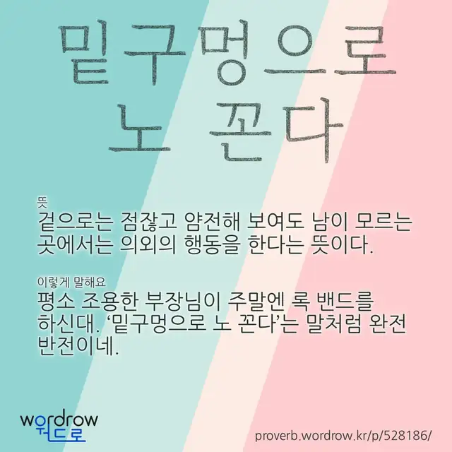 “밑구멍으로 노 꼰다” 글씨와 뜻·예문이 완성된 속담 영상 포스터
