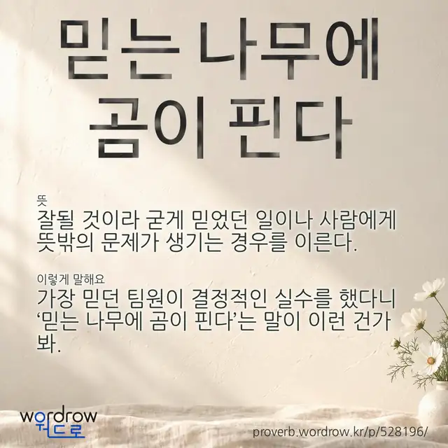 “믿는 나무에 곰이 핀다” 글씨와 뜻·예문이 완성된 속담 영상 포스터