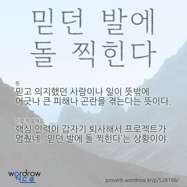 “믿던 발에 돌 찍힌다” 글씨와 뜻·예문이 완성된 속담 영상 포스터