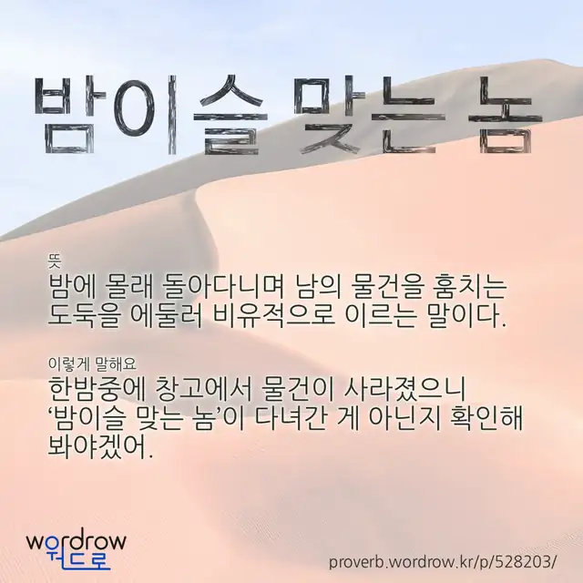 “밤이슬 맞는 놈” 글씨와 뜻·예문이 완성된 속담 영상 포스터