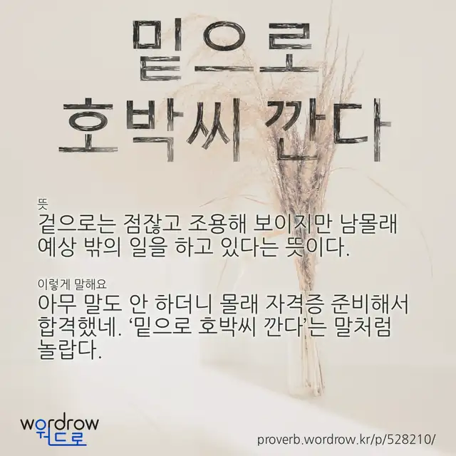 “밑으로 호박씨 깐다” 글씨와 뜻·예문이 완성된 속담 영상 포스터