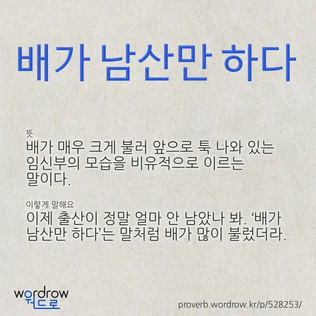 “배가 남산만 하다” 글씨와 뜻·예문이 완성된 속담 영상 포스터