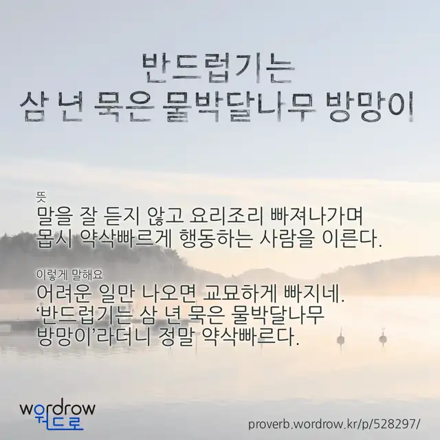 “반드럽기는 삼 년 묵은 물박달나무 방망이” 글씨와 뜻·예문이 완성된 속담 영상 포스터