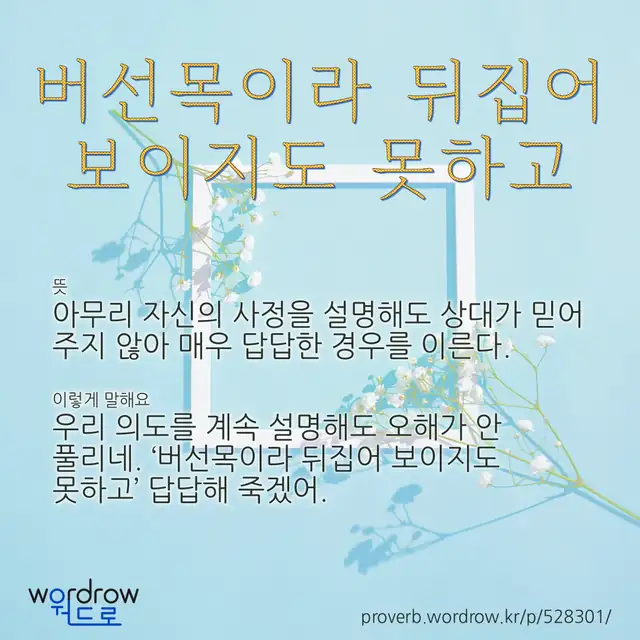“버선목이라 뒤집어 보이지도 못하고” 글씨와 뜻·예문이 완성된 속담 영상 포스터