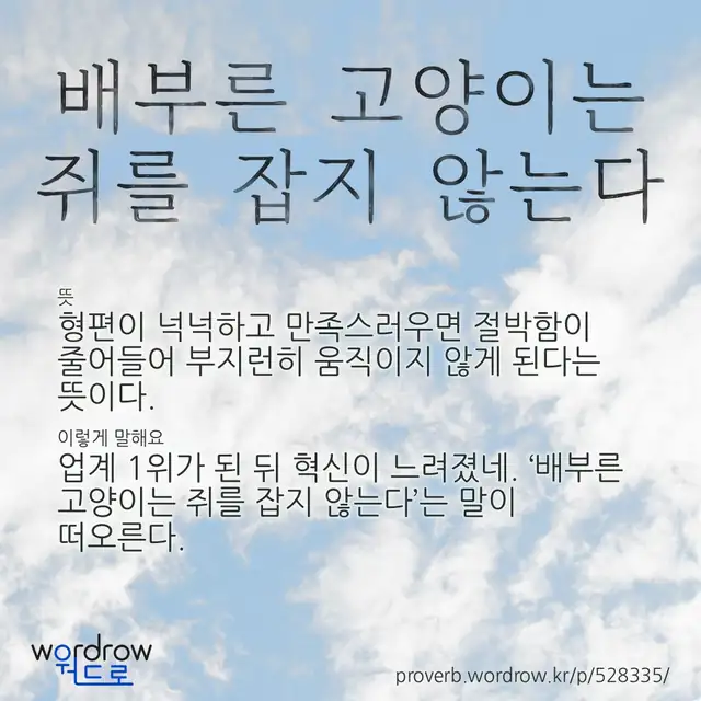 “배부른 고양이는 쥐를 잡지 않는다” 글씨와 뜻·예문이 완성된 속담 영상 포스터