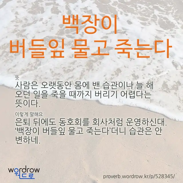 “백장이 버들잎 물고 죽는다” 글씨와 뜻·예문이 완성된 속담 영상 포스터