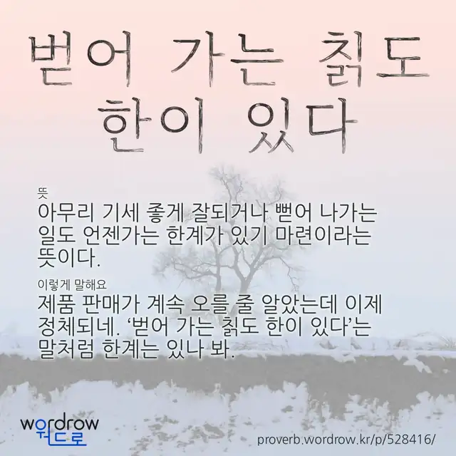 “벋어 가는 칡도 한이 있다” 글씨와 뜻·예문이 완성된 속담 영상 포스터
